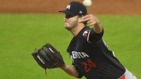 Minnesota Twins starting pitcher Cole Irvin (24) delivers a pitch in the fifth inning against the Cleveland Guardians at Progressive Field.