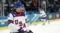 Jack Hughes of United States during the warm up before the match against Latvia in men's ice hockey group C play during the Milano Cortina 2026 Olympic Winter Games at Milano Santagiulia Ice Hockey Arena.