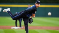 Detroit Tigers pitcher Jackson Jobe (21) practices before throwing against Kansas City Royals during the second inning at Comerica Park in Detroit.