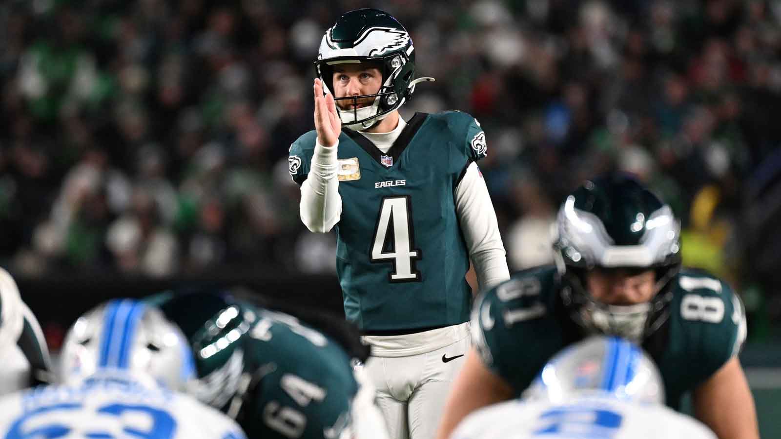 Philadelphia Eagles place kicker Jake Elliott (4) gets set to kick a field goal against the Detroit Lions during the first half at Lincoln Financial Field. 
