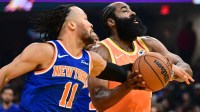 Cleveland Cavaliers guard James Harden (1) drives to the basket against New York Knicks guard Jalen Brunson (11) during the second half at Rocket Arena.