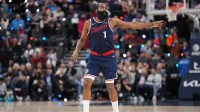 LA Clippers guard James Harden (1) gestures after a three-point shot against the Charlotte Hornets in the second half to move into ninth on the NBA all-time scoring list in the first half at Intuit Dome.