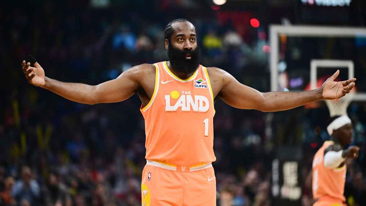 Cleveland Cavaliers guard James Harden (1) celebrates after hitting a three point basket against the New York Knicks during the second half at Rocket Arena.