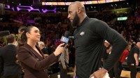 NBA Prime Sideline Reporter Cassidy Hubbarth interviews Los Angeles Lakers forward LeBron James (23) after the game against the Dallas Mavericks at Crypto.com Arena.