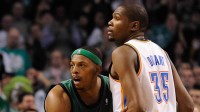 January 16, 2012; Boston, MA, USA; Boston Celtics small forward Paul Pierce (34) guards Oklahoma City Thunder small forward Kevin Durant (35) during the fourth quarter at TD Garden. Mandatory Credit: Bob DeChiara-Imagn Images