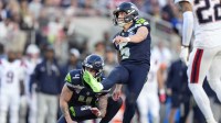 Seattle Seahawks place kicker Jason Myers (5) kicks a field goal against the New England Patriots during the first quarter in Super Bowl LX at Levi's Stadium.