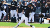New York Yankees second baseman Jazz Chisholm Jr. (13) at bat during live batting practice during spring training workouts at George M. Steinbrenner Field.