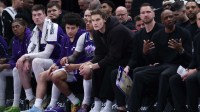 Utah Jazz forward Lauri Markkanen (center) watches play from the bench during the second half against the Brooklyn Nets at Delta Center.