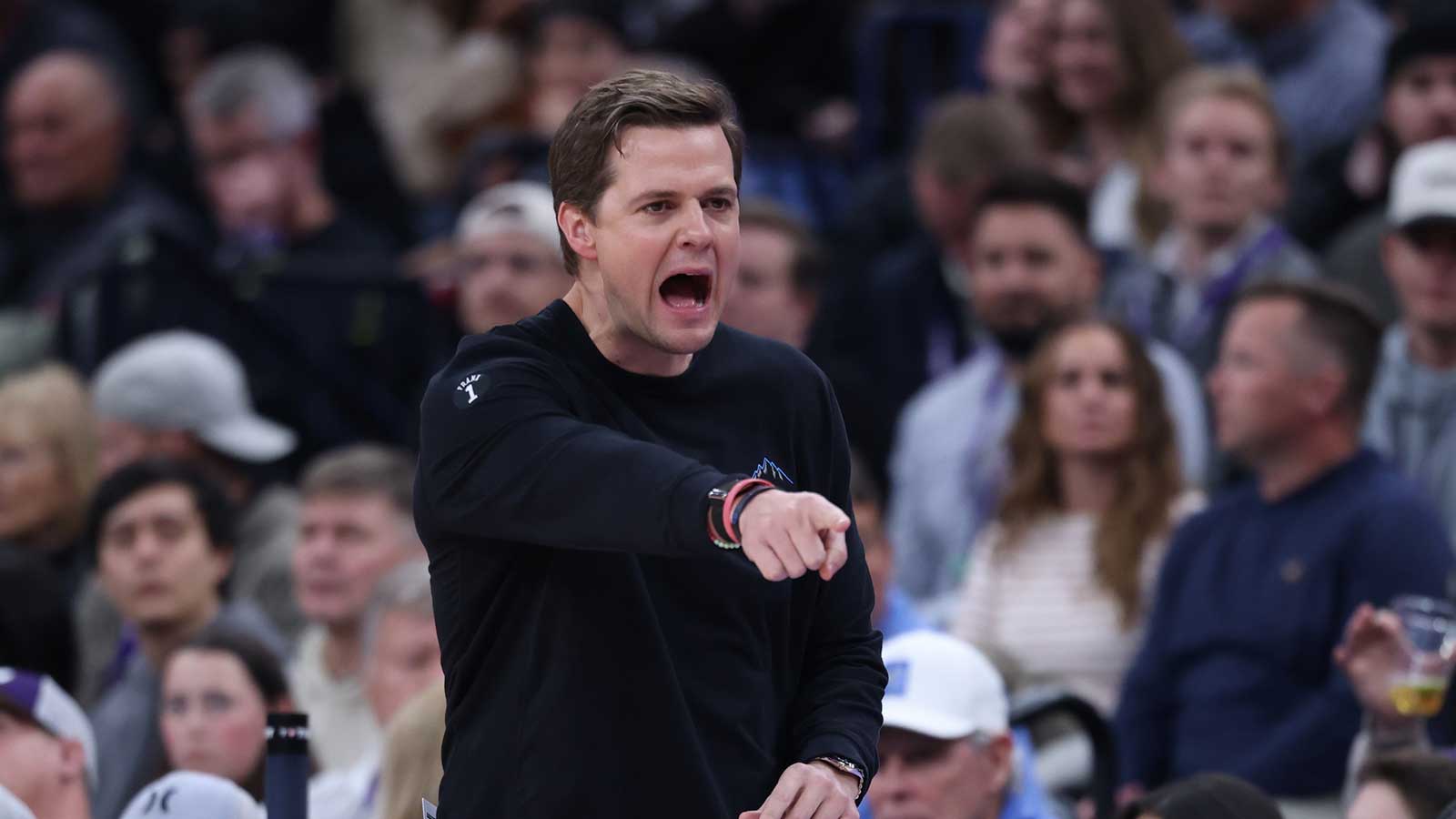 Utah Jazz head coach Will Hardy reacts to a play against the Portland Trail Blazers during the first half at Delta Center.
