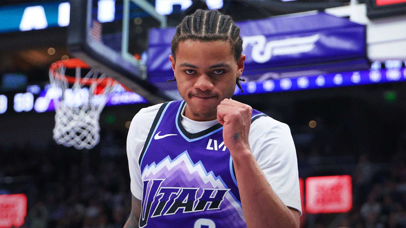 Jazz guard Keyonte George (3) reacts after a play against the Brooklyn Nets during the second half at Delta Center