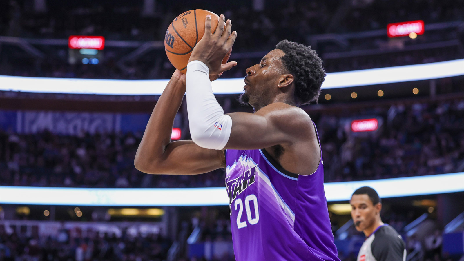 Jazz center Jaren Jackson Jr. (20) shoots during the second half against the Orlando Magic at Kia Center