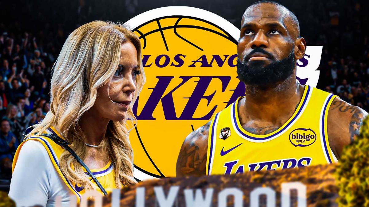 Jeanie Buss looking serious on the left. LeBron James looking serious on the right. Lakers logo in between them.