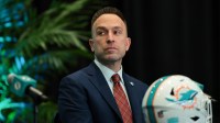 Miami Dolphins head coach Jeff Hafley looks on during an introductory press conference at Baptist Health Training Complex.