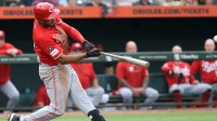Cincinnati Reds third baseman Jeimer Candelario (3) hits a double during the sixth inning against the Baltimore Orioles at Oriole Park at Camden Yards.