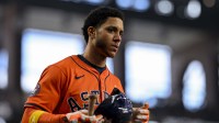 Houston Astros shortstop Jeremy Pena (3) walks to the on-deck circle during the game between the Texas Rangers and the Houston Astros at Globe Life Field.