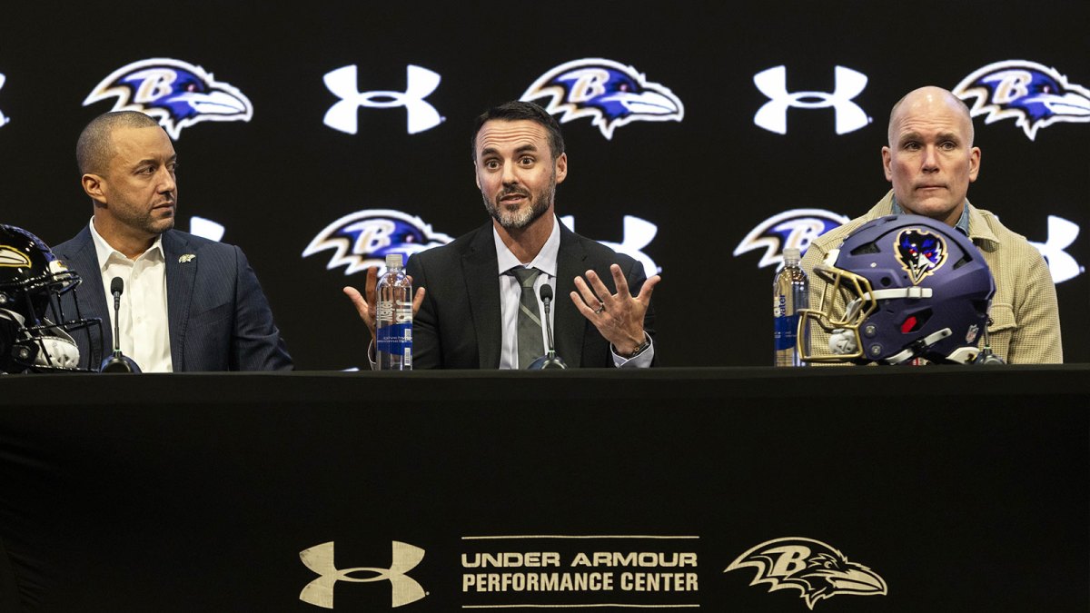 Sashi Brown, Jesse Minter, and Eric DeCosta speak at an introductory press conference at Under Armour Performance Center.