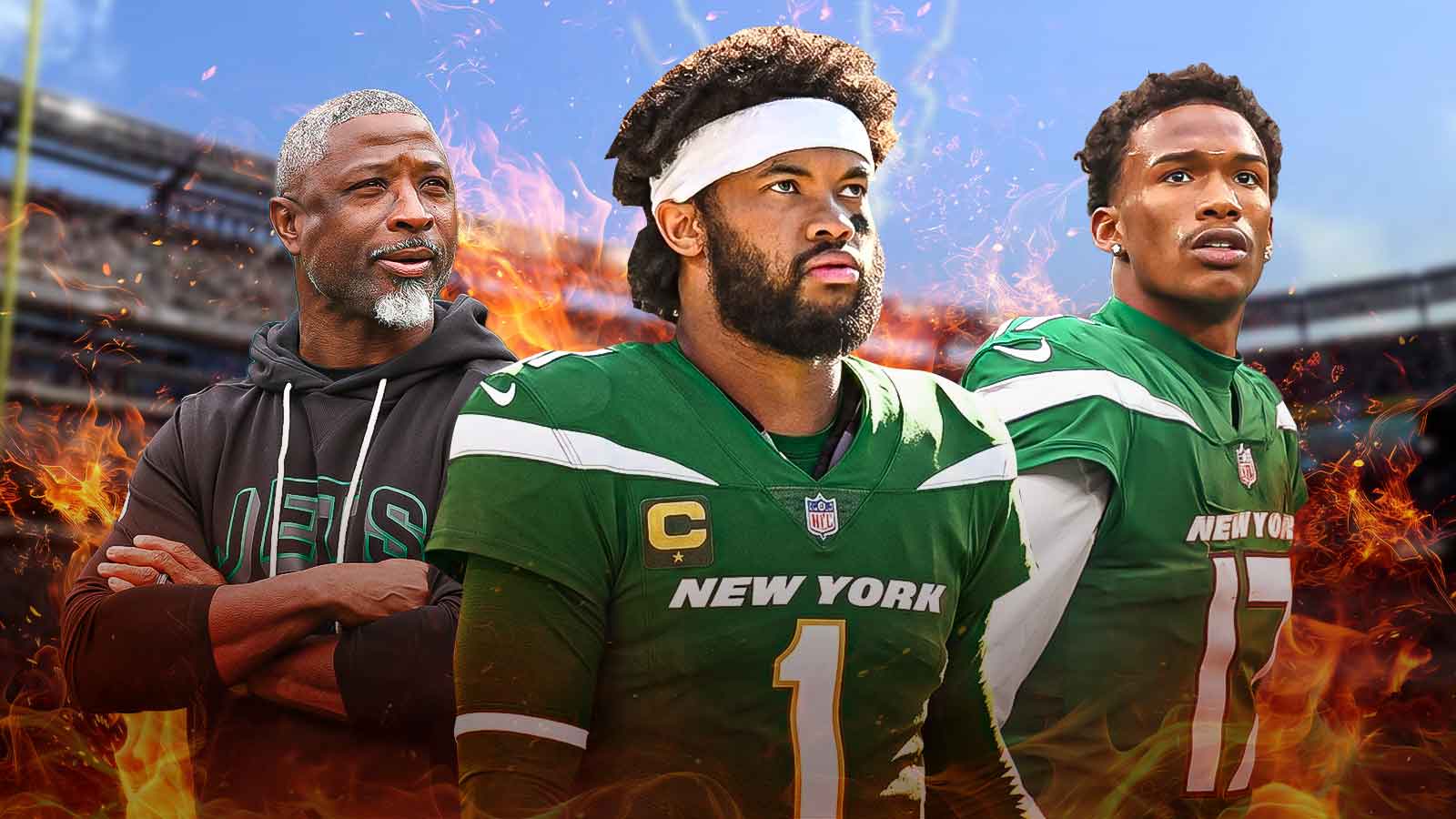 Kyler Murray in the middle, Garrett Wilson and coach Aaron Glenn around him, Explosions in the background