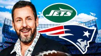 Adam Sandler, New York Jets and New Englad Patriots logos