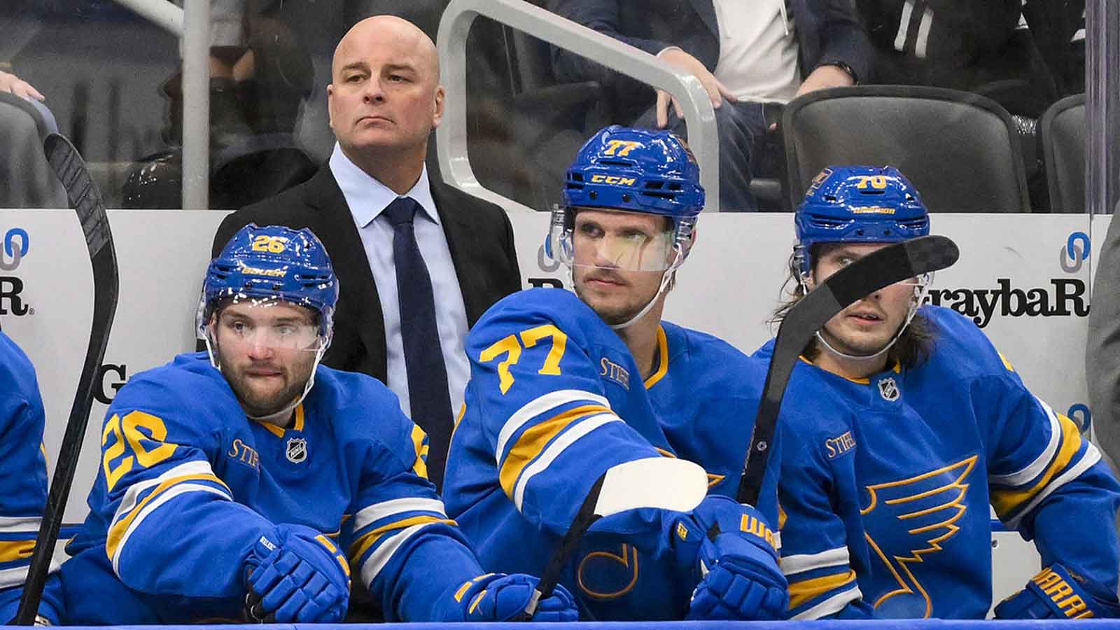 St. Louis Blues head coach Jim Montgomery looks on during the third period against the Vegas Golden Knights at Enterprise Center. 