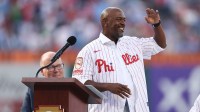 Former Philadelphia Phillies Jimmy Rollins at the podium during a ceremony to induct him into the Phillies wall of fame before a game against the Detroit Tigers at Citizens Bank Park.
