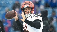 Cincinnati Bengals quarterback Joe Flacco (16) warms up before a game against the Buffalo Bills at Highmark Stadium.