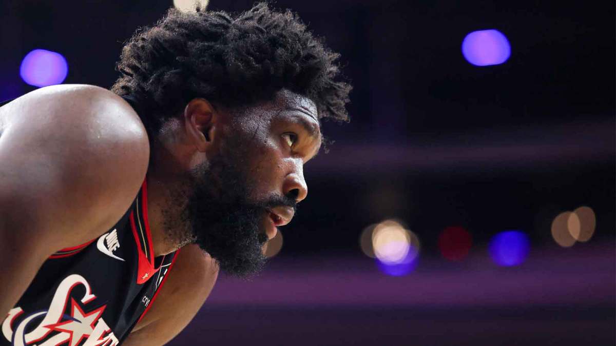 Philadelphia 76ers center Joel Embiid (21) looks on during the third quarter against the Miami Heat at Xfinity Mobile Arena.