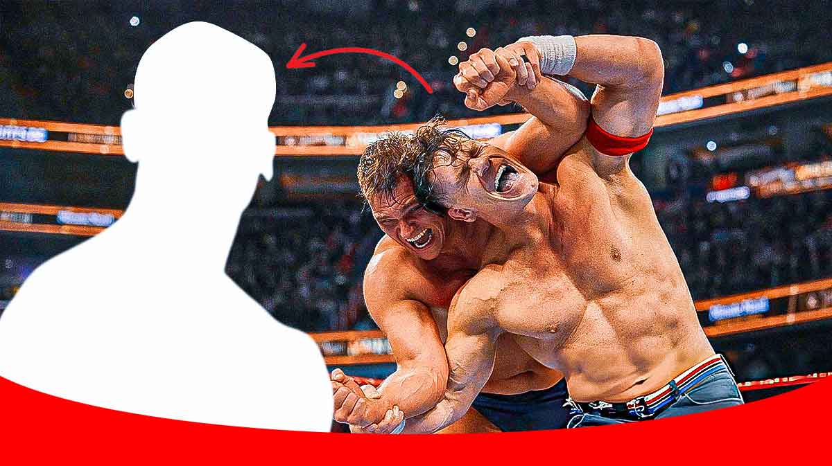 Silhouette of John Cena next to him vs. Gunther in his last WWE match.