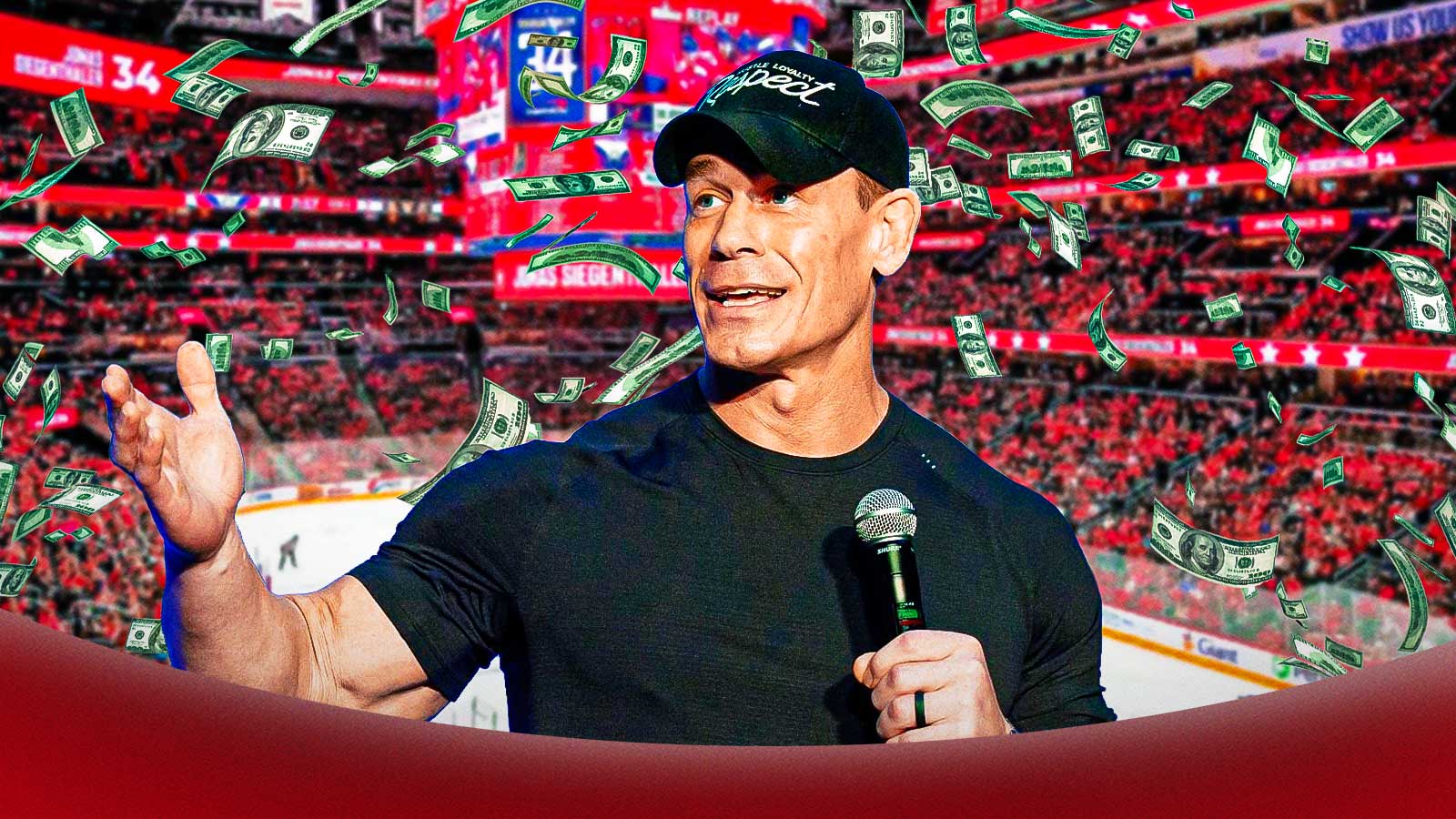 WWE legend John Cena with money around him and Capital One Arena, where his last match took place, behind him.