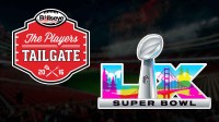 Players Tailgate logo and Super Bowl 60 logo in foreground. Background is Levi's Stadium.