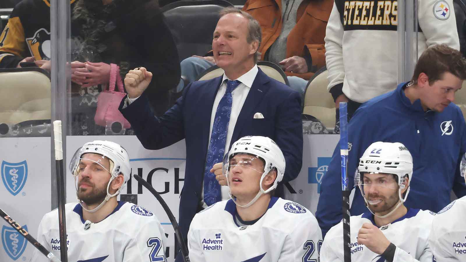 Tampa Bay Lightning head coach Jon Cooper (top) reacts during the third period against the Pittsburgh Penguins at PPG Paints Arena. 