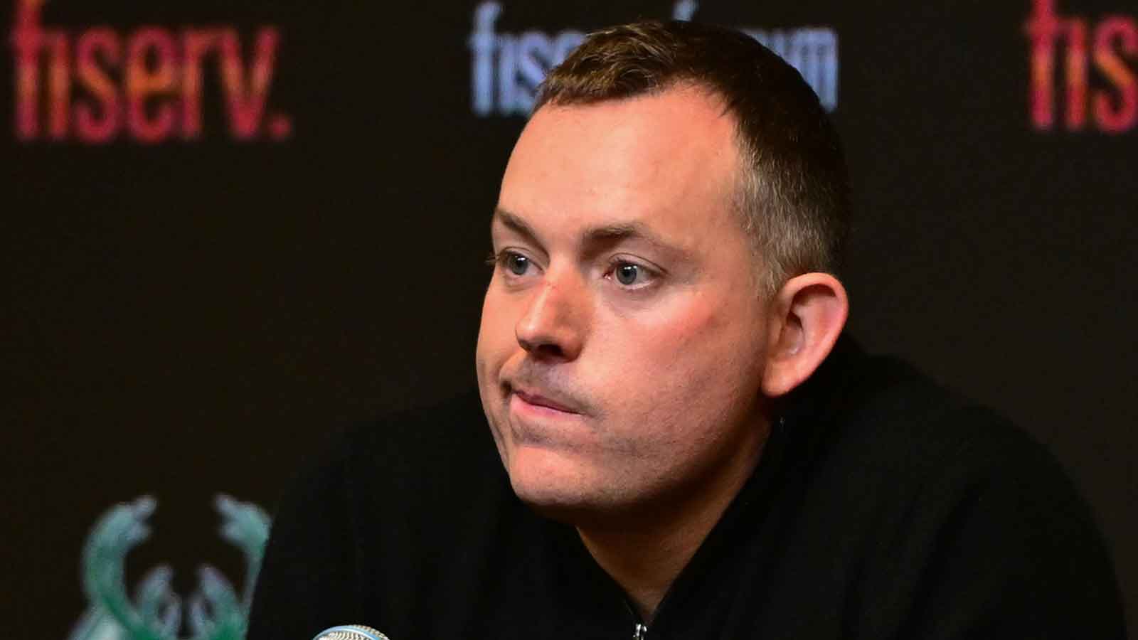 Milwaukee Bucks general manager Jon Horst address the media after head coach Adrian Griffin (not pictured) was dismissed at Fiserv Forum. Mandatory Credit: Benny Sieu-Imagn Images