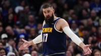 Denver Nuggets center Jonas Valanciunas (17) reacts in the second quarter against the Detroit Pistons at Ball Arena.