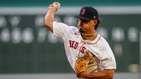 Boston Red Sox pitcher Jordan Hicks (46) throws a pitch against the Cleveland Guardians in the first inning at Fenway Park.