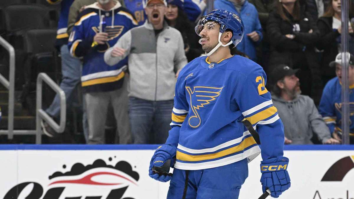 St. Louis Blues right wing Jordan Kyrou (25) looks on during overtime against the Tampa Bay Lightning at Enterprise Center.