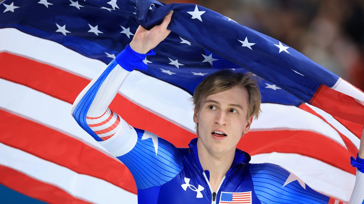 Jordan Stolz of the United States celebrates after winning the men's speed skating 500m during the Milano Cortina 2026 Olympic Winter Games at Milano Speed Skating Stadium.