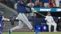 Seattle Mariners second baseman Jorge Polanco (7) singles in the third inning against the Toronto Blue Jays during game seven of the ALCS round for the 2025 MLB playoffs at Rogers Centre.