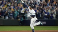 Seattle Mariners second baseman Jorge Polanco (7) runs after hitting a home run against the Detroit Tigers in the sixth inning during game two of the ALDS round for the 2025 MLB playoffs at T-Mobile Park.