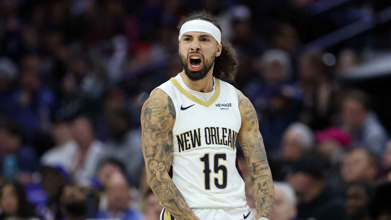 New Orleans Pelicans guard Jose Alvarado (15) reacts to his three pointer against the Philadelphia 76ers during the fourth quarter at Xfinity Mobile Arena.
