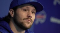 Bills quarterback Josh Allen answers a range of questions after the press conference introducing Joe Brady as the new head coach at the Bills field house in Orchard Park on Jan. 29, 2026