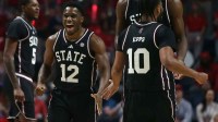 Mississippi State Bulldogs guard Josh Hubbard (12) reacts with guard Jayden Epps (10) during the first half against the Mississippi Rebels at The Sandy and John Black Pavilion at Ole Miss.
