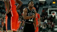 Mississippi State Bulldogs guard Josh Hubbard (12) reacts during the final seconds of the second half against the Auburn Tigers at Humphrey Coliseum.