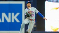 New York Mets right fielder Juan Soto (22) catches a fly ball to retire Miami Marlins first baseman Troy Johnston (not pictured) during the eighth inning at loanDepot Park.