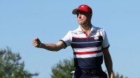 Team USA's Justin Thomas celebrates after winning the hole on the 12th hole during the singles on the final day of competition for the Ryder Cup at Bethpage Black.
