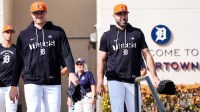 Detroit Tigers pitcher Tarik Skubal, left, and pitcher Justin Verlander walks toward practice field during spring training at TigerTown in Lakeland, Fla. on Thursday, Feb. 12, 2026.