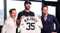 Detroit Tigers pitcher Justin Verlander poses for a photo with general manager Jeff Greenberg, left, and president of baseball operations Scott Harris during his introductory press conference at the 34 Club of Joker Marchant Stadium on Thursday, Feb. 12, 2026.