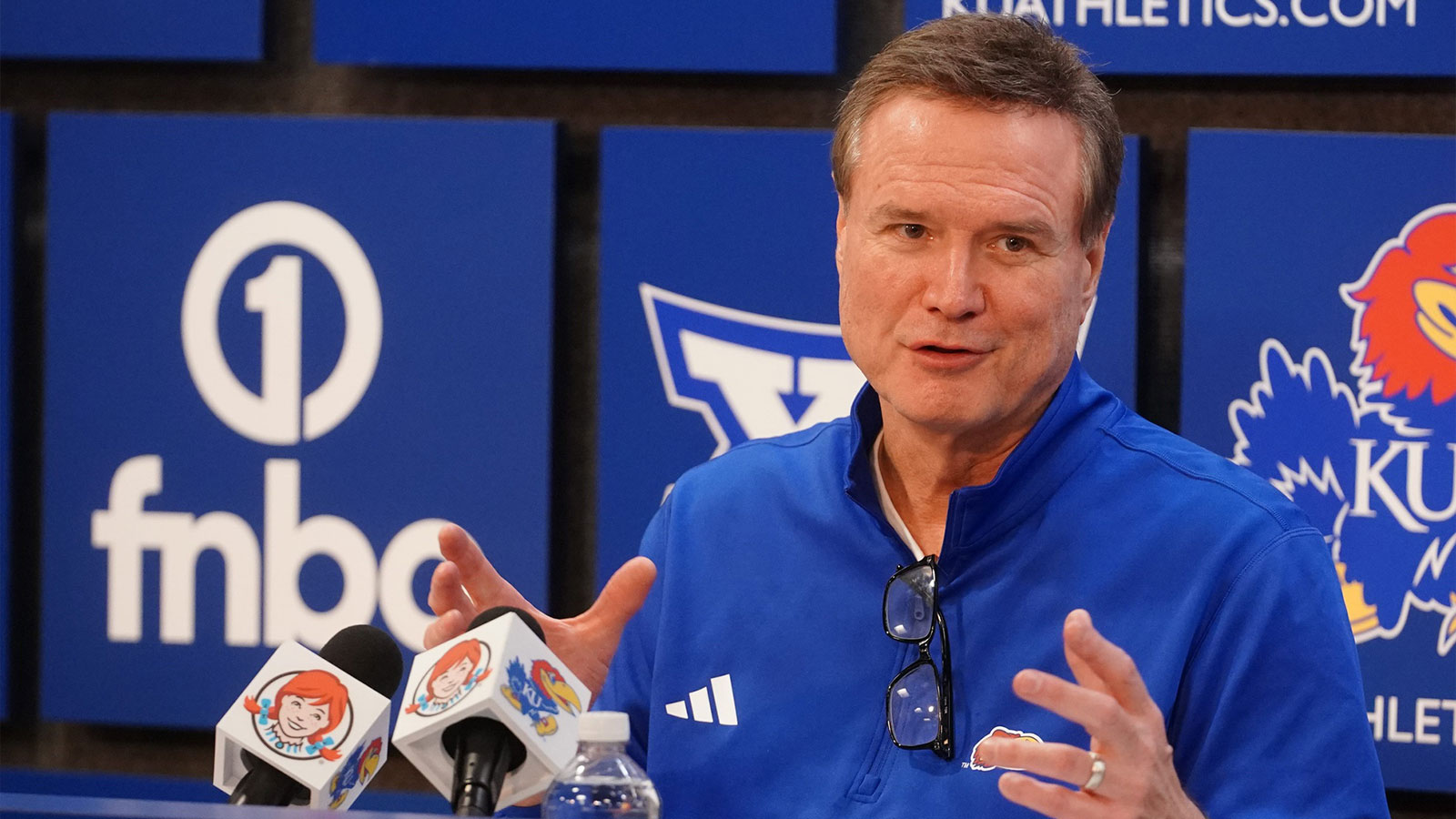 Kansas Jayhawks head coach Bill Self talks to media following the game against Houston Cougars inside Allen Fieldhouse on Monday, Feb. 23, 2026.