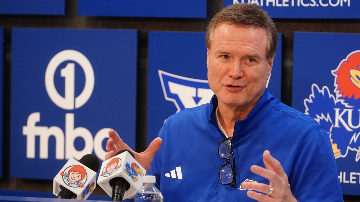 Kansas Jayhawks head coach Bill Self talks to media following the game against Houston Cougars inside Allen Fieldhouse on Monday, Feb. 23, 2026.