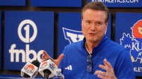 Kansas Jayhawks head coach Bill Self talks to media following the game against Houston Cougars inside Allen Fieldhouse on Monday, Feb. 23, 2026.