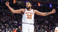 New York Knicks center Karl-Anthony Towns (32) celebrates in the second quarter against the Denver Nuggets at Madison Square Garden.