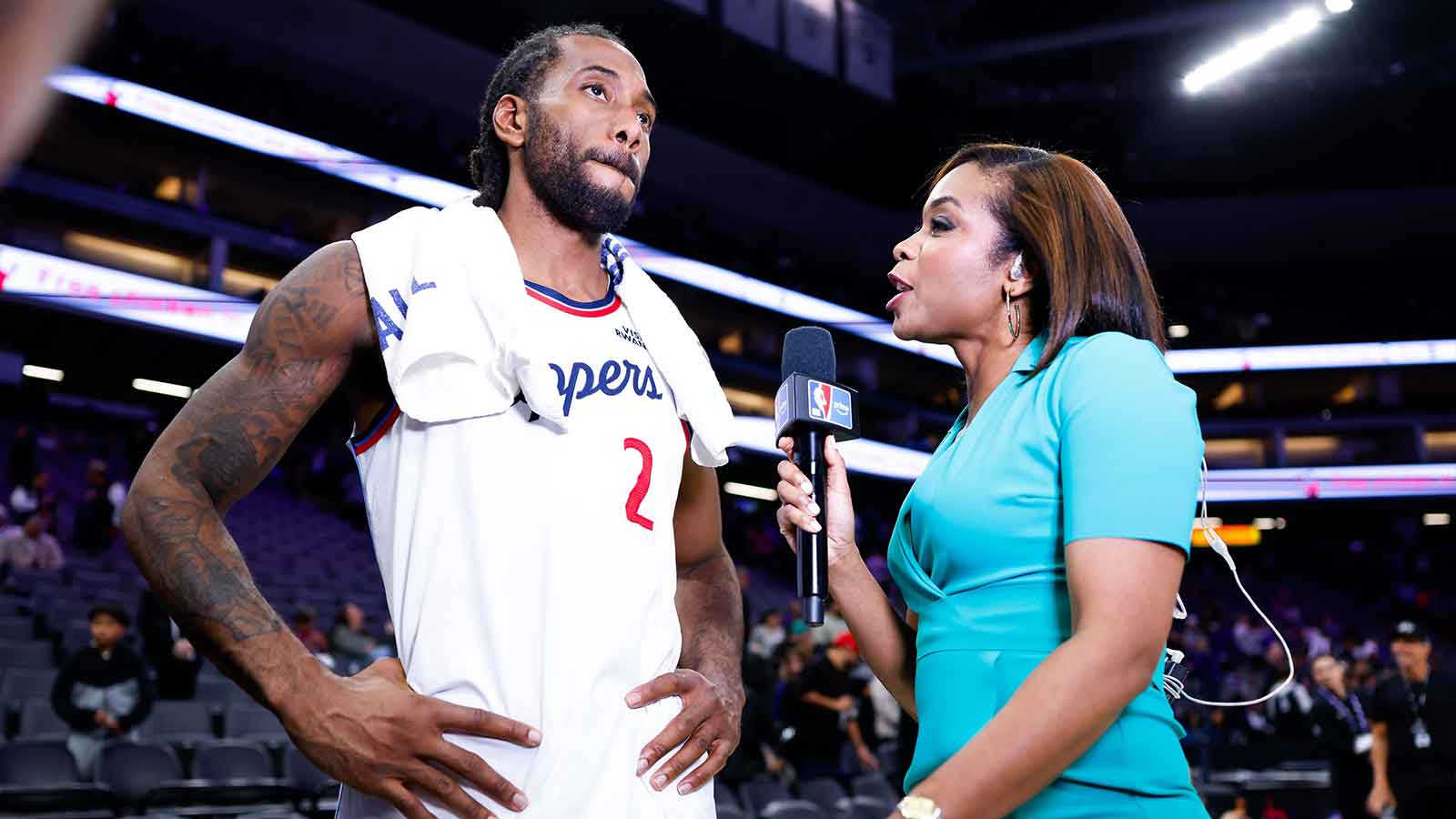 Los Angeles Clippers forward Kawhi Leonard (2) is interviewed after the game against the Sacramento Kings at Golden 1 Center. 